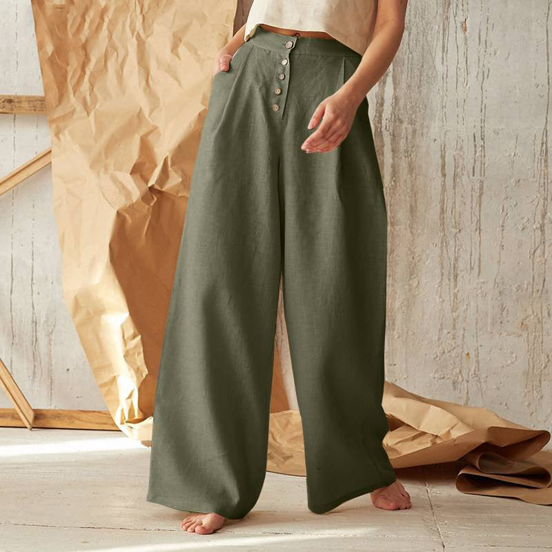Pantalon ample décontracté large en coton et lin pour femme, pantalon décontracté évasé pour la maison