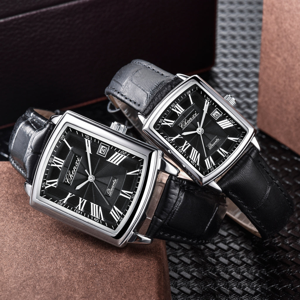 Casual Couple Watch, Morning Light Brand, Calendar Quartz Watch, Simple Square Design for Men and Women, Leather Strap