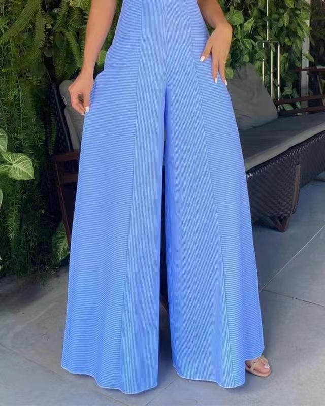 Nouvelle combinaison décontractée ample à rayures larges, sans manches, de couleur unie, pour femmes, style européen et américain