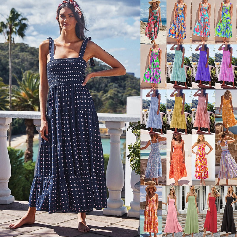 Robe salopette européenne et américaine, vêtements pour femmes, nouvelle robe décontractée printemps et été, jupe taille haute imprimée