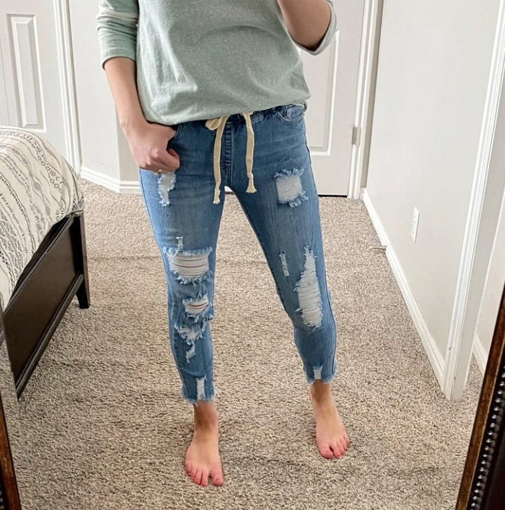 Jean Mom en Denim Délavé, Extensible, Slim, Ripped et Troué pour Femme, Jeggings Taille Haute Bleu Clair, Coupe Crayon, Style Y2K, Pantalon