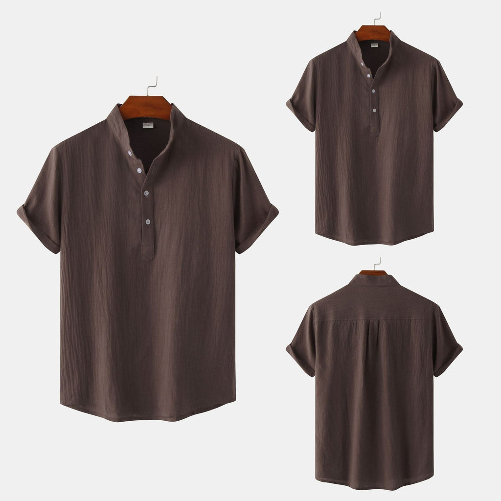 Chemise décontractée à col montant et manches courtes en coton et lin pour homme, T-shirt de plage, Vêtements pour hommes
