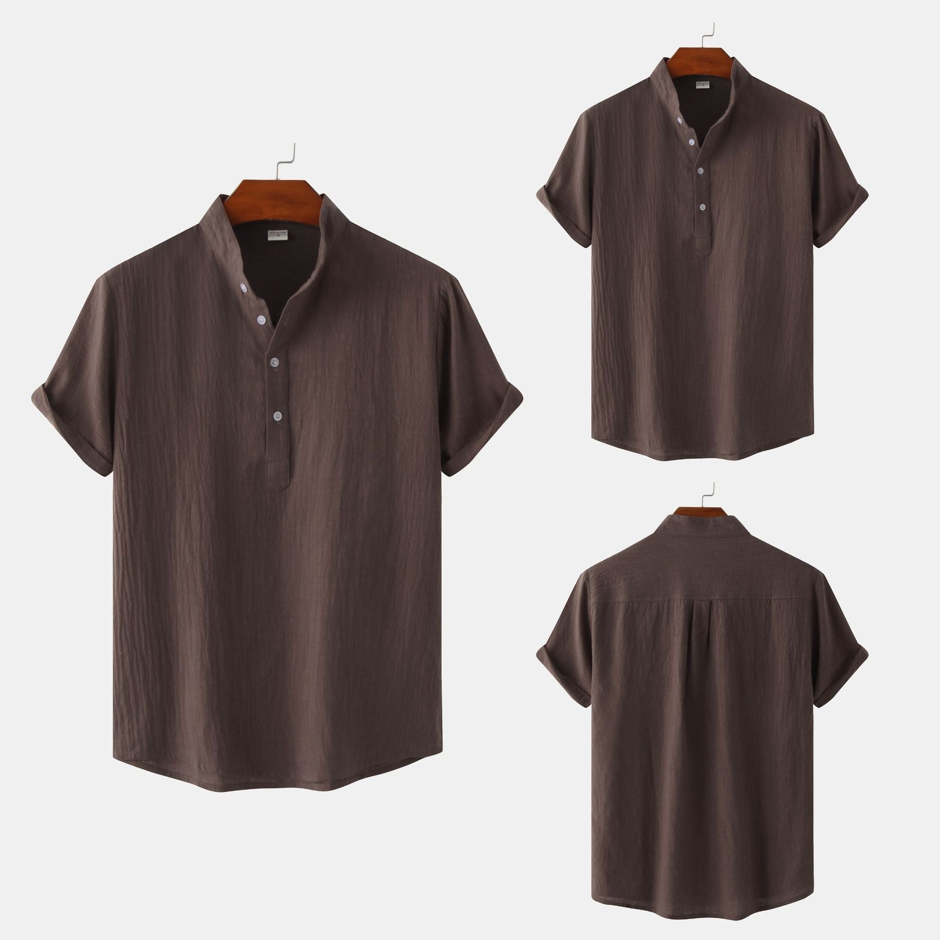 Chemise décontractée à col montant et manches courtes en coton et lin pour homme, T-shirt de plage, Vêtements pour hommes