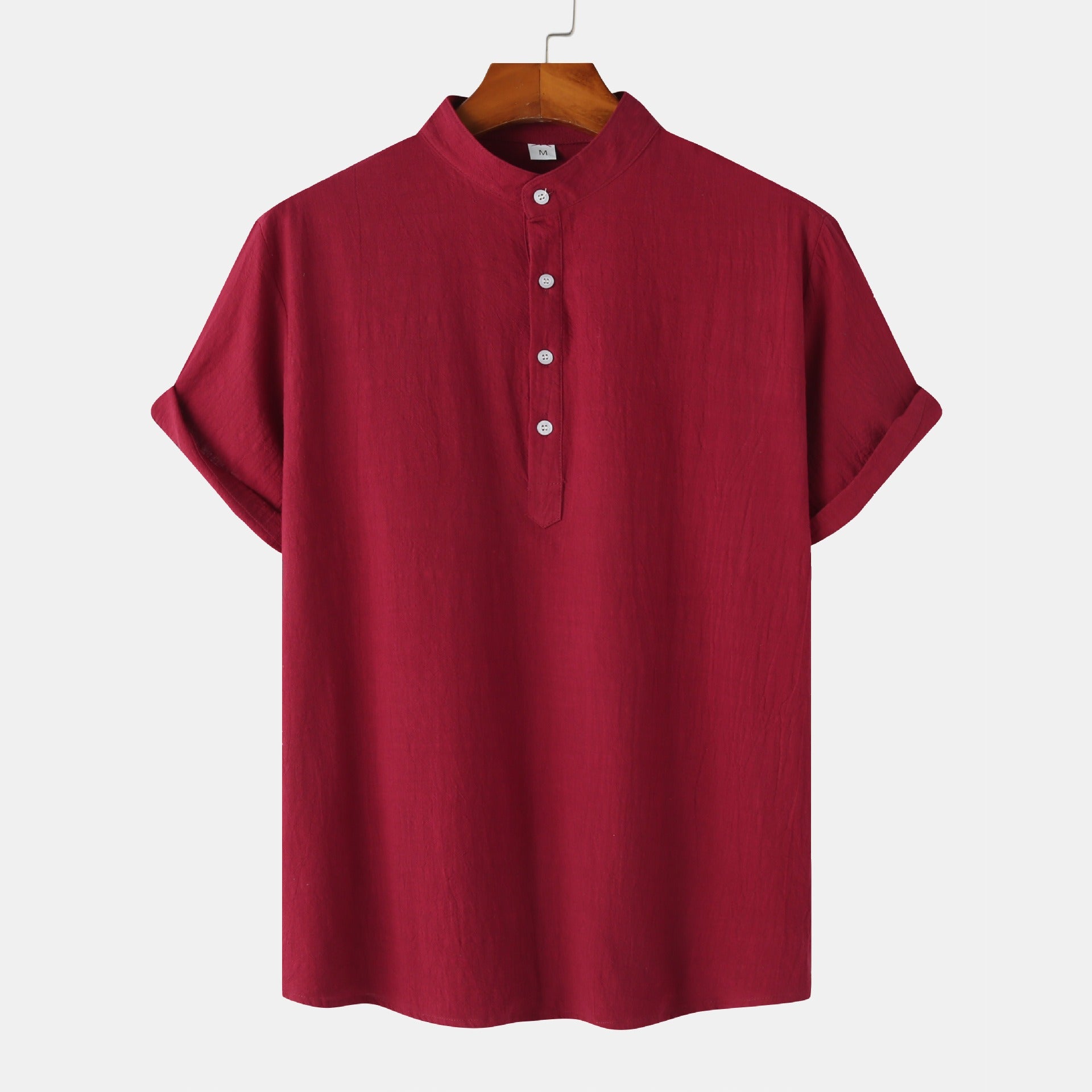 Chemise décontractée à col montant et manches courtes en coton et lin pour homme, T-shirt de plage, Vêtements pour hommes
