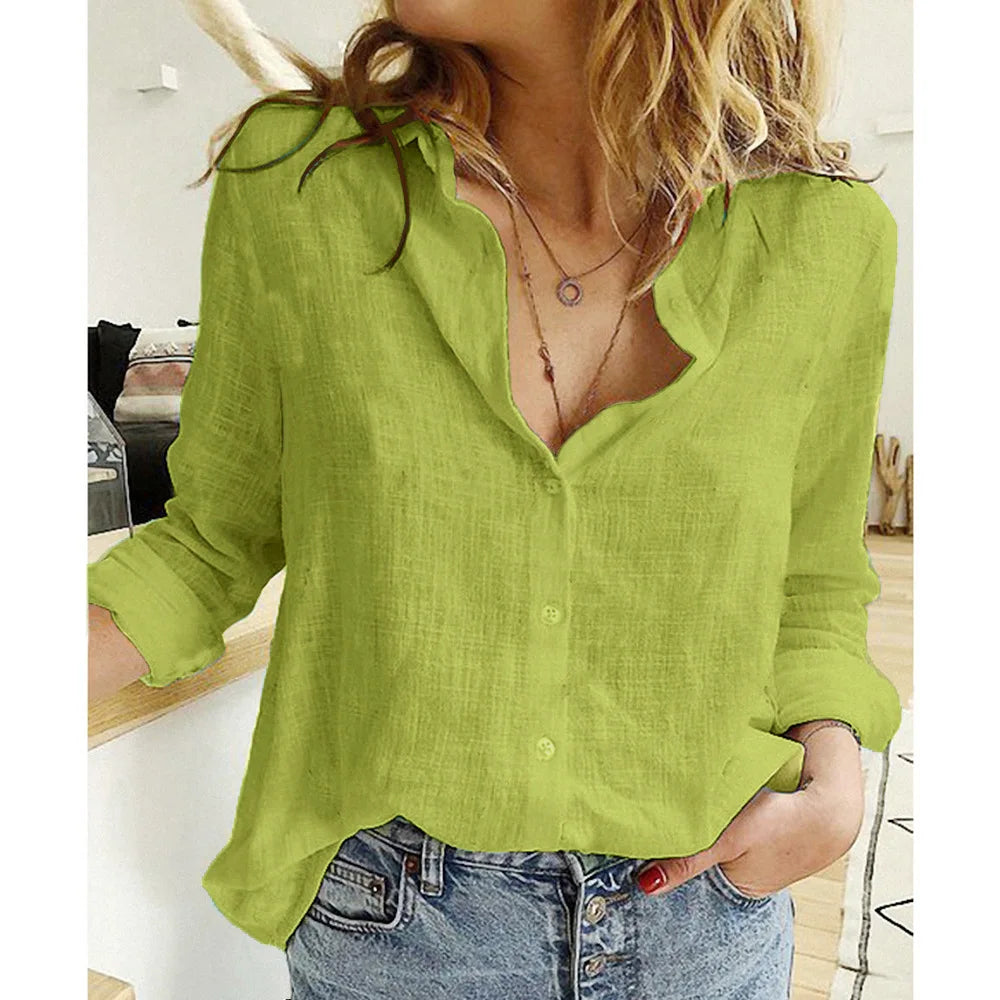 Chemisier décontracté en coton et lin pour femme, haut à revers et boutons, manches longues, coupe ample, grande taille, pour le printemps
