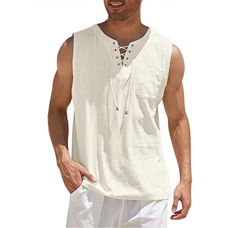 Nouveau débardeur pour homme, chemise en dentelle, mode unie en coton et chanvre, t-shirt à manches courtes