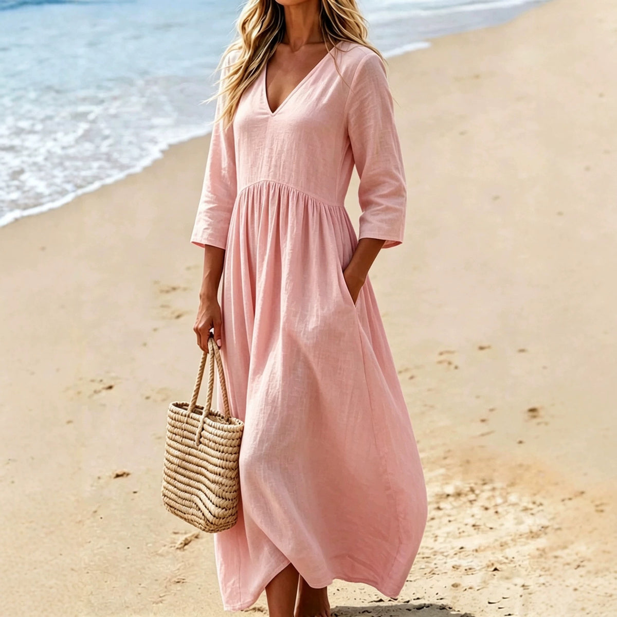 Solid color V-neck dress for women