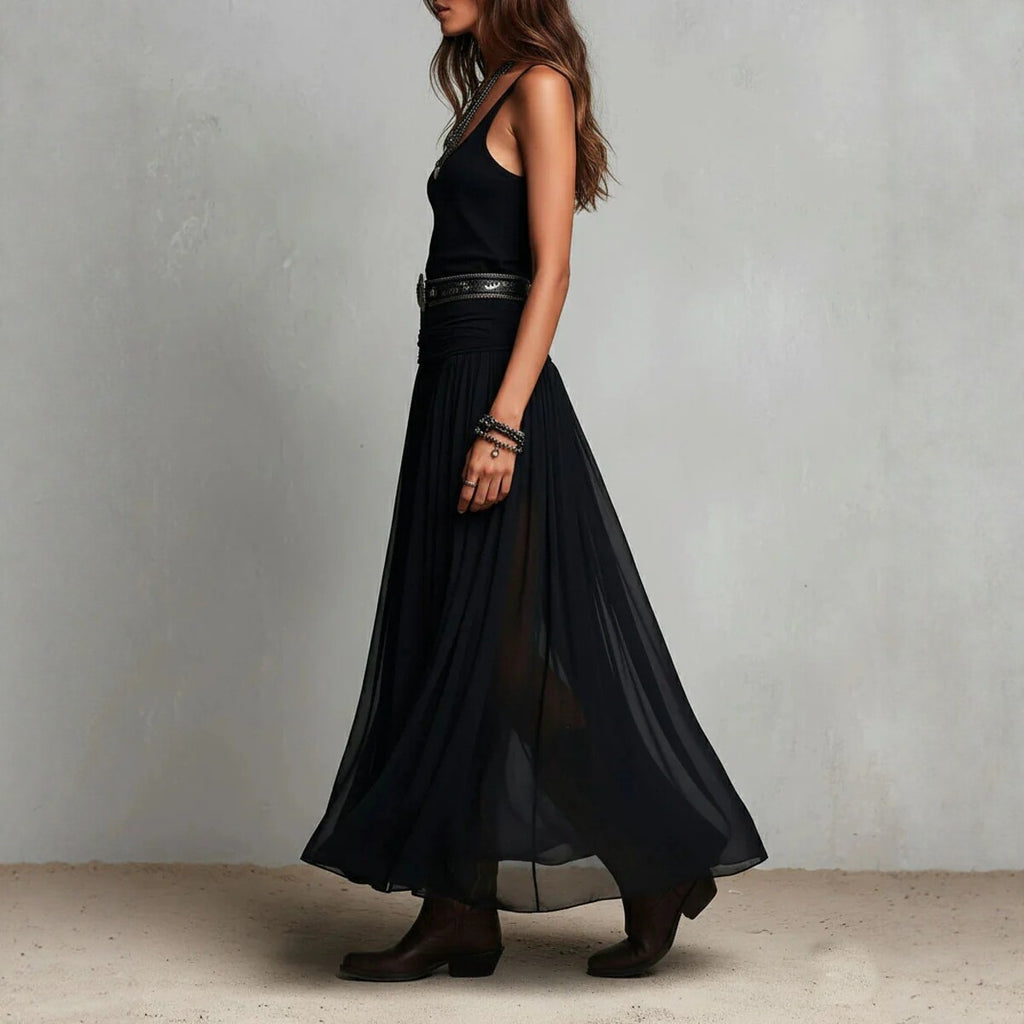 Nouvelle Robe Longue Noire d'Été à Bretelles pour Femme, Robe en Maille avec Ceinture