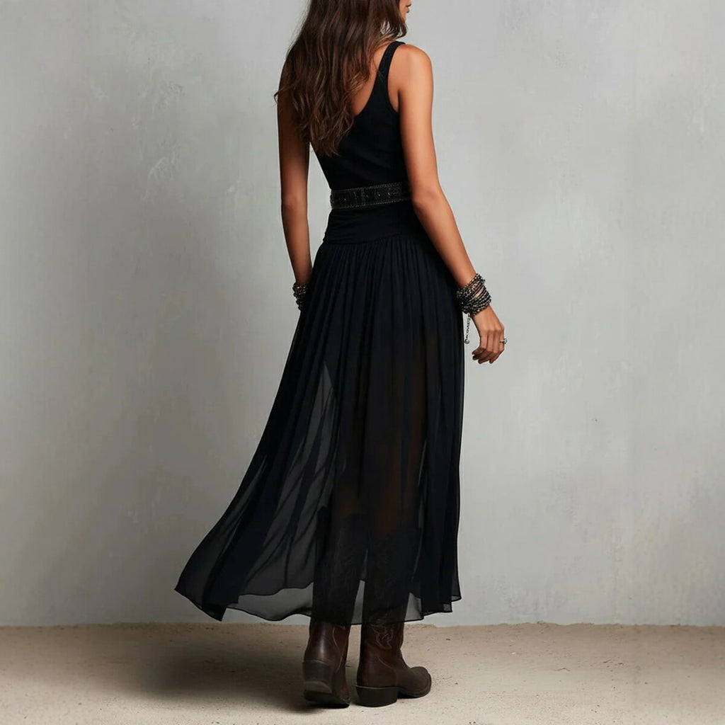 Nouvelle Robe Longue Noire d'Été à Bretelles pour Femme, Robe en Maille avec Ceinture