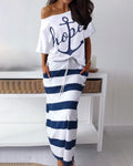 Nouvel ensemble décontracté pour femmes style marine européenne et américaine, imprimé ancre de bateau, ensemble short et manches courtes pour femmes