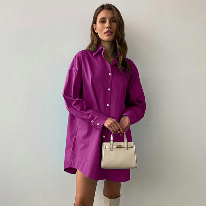 Autumn New Shirts European And American Mid Length Shirts Purple Casual Women's Loose Slim Cardigan Jacket