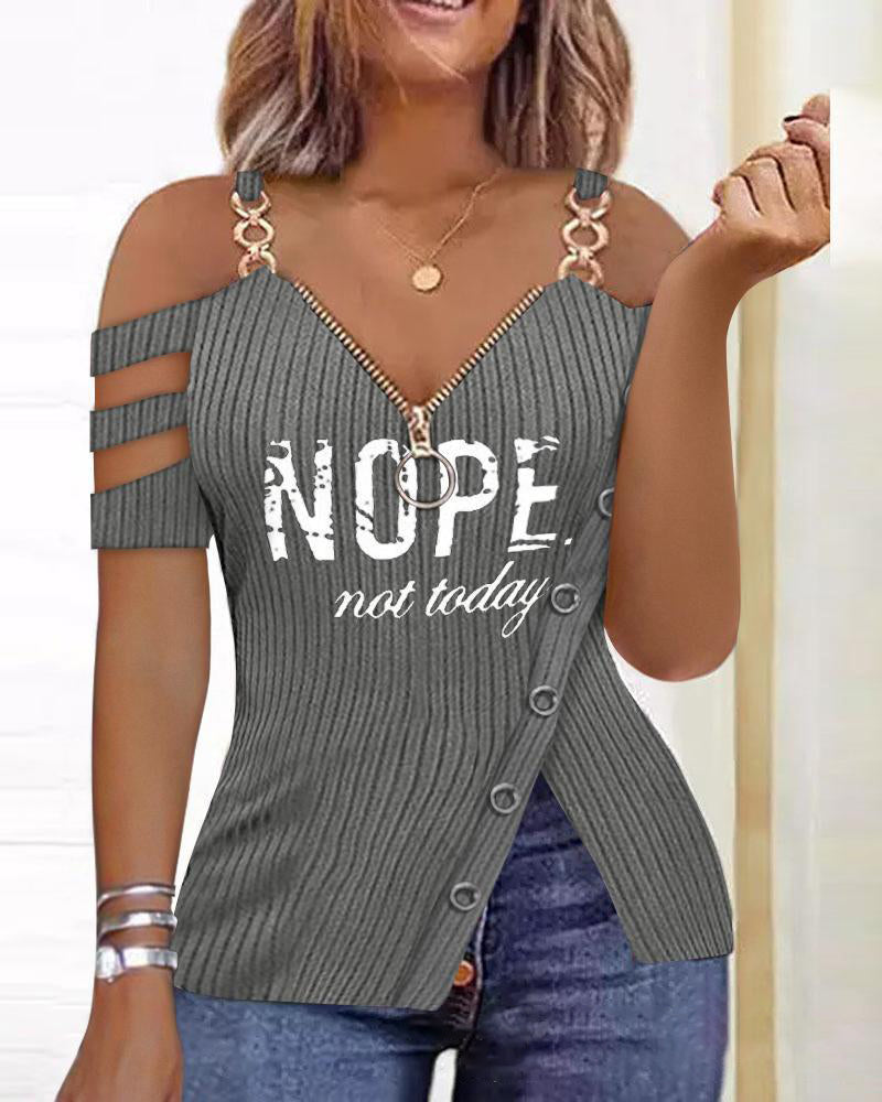 T-shirt zippé à col en V pour femmes avec motif d'ancre de bateau et chaîne en métal, style européen et américain