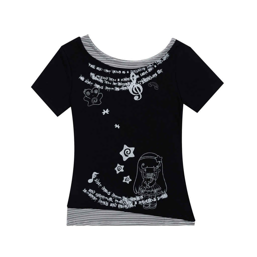 Fake two slanted neck short sleeved T-shirts for women