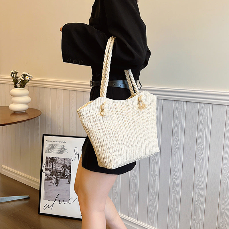 Sac cabas tressé en paille grande capacité pour femme, sac à bandoulière en osier