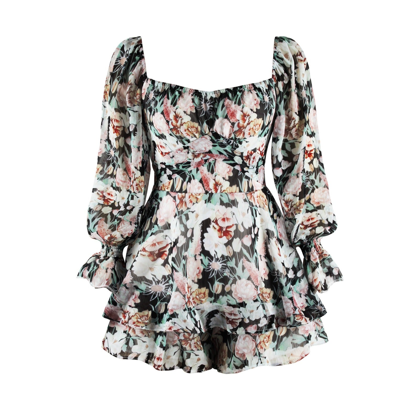 Nouvelle Combinaison Short à Fermeture Éclair et Bretelles à Manches Longues Imprimé Floral Numérique pour Femme, Style Européen et Américain