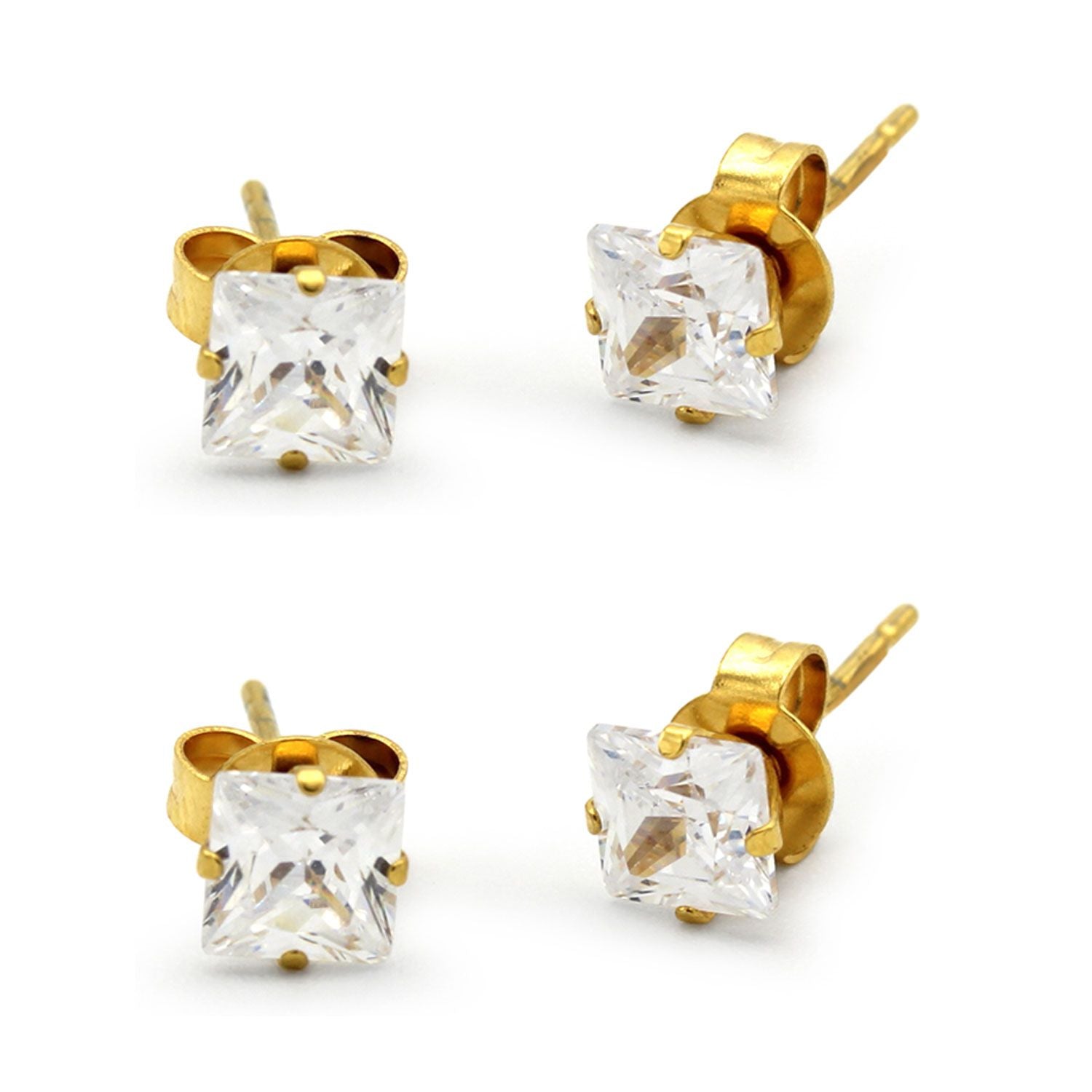 Boucles d'oreilles carrées en oxyde de zirconium plaqué or 14 carats, lot de 2, en acier inoxydable, pour hommes et femmes