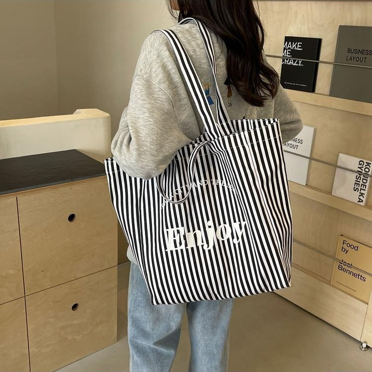 Sac fourre-tout en toile à rayures colorées pour femmes, grande capacité, sac à bandoulière décontracté, design simple