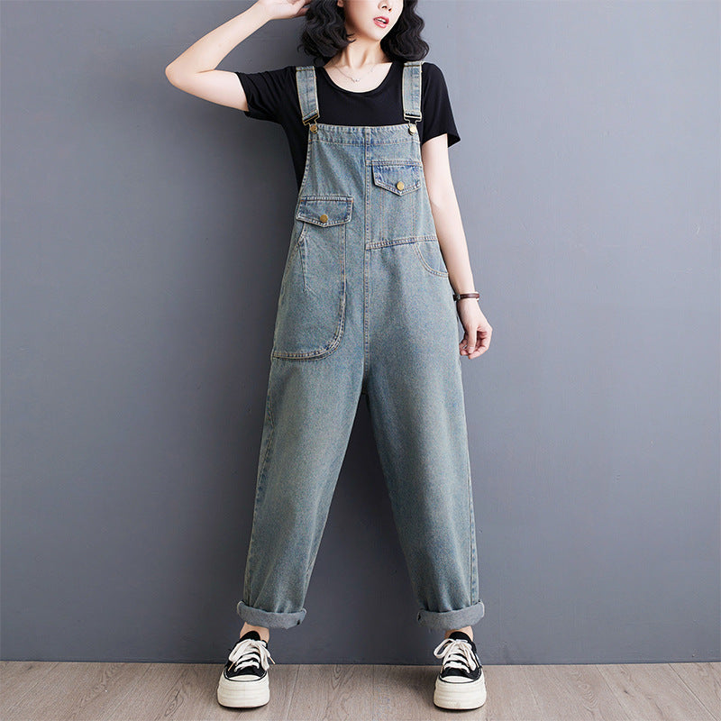 Salopette Jeans Vintage Printemps-Été Femme Ample Jambes Larges Combinaison Rétro en Jean Longue Femme avec Poches Avant