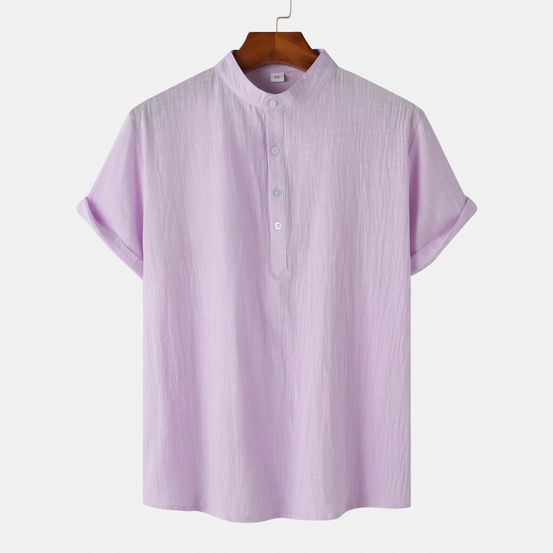 Chemise décontractée à col montant et manches courtes en coton et lin pour homme, T-shirt de plage, Vêtements pour hommes