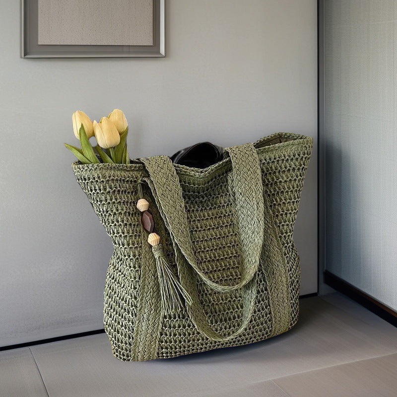 Grand sac de plage tressé en paille pour les trajets quotidiens, sac à bandoulière de style vacances