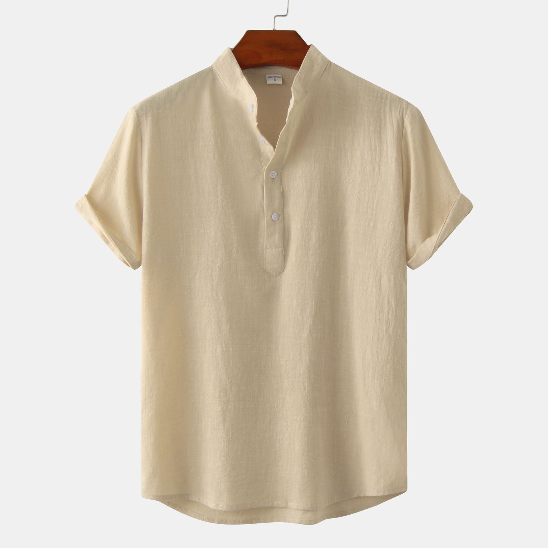 Chemise décontractée à col montant et manches courtes en coton et lin pour homme, T-shirt de plage, Vêtements pour hommes