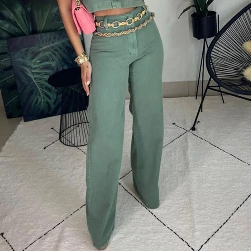 Ensemble de vêtements pour femmes européennes et américaines, ensemble de mode, haut sans manches à revers, pantalon ample, couleur unie