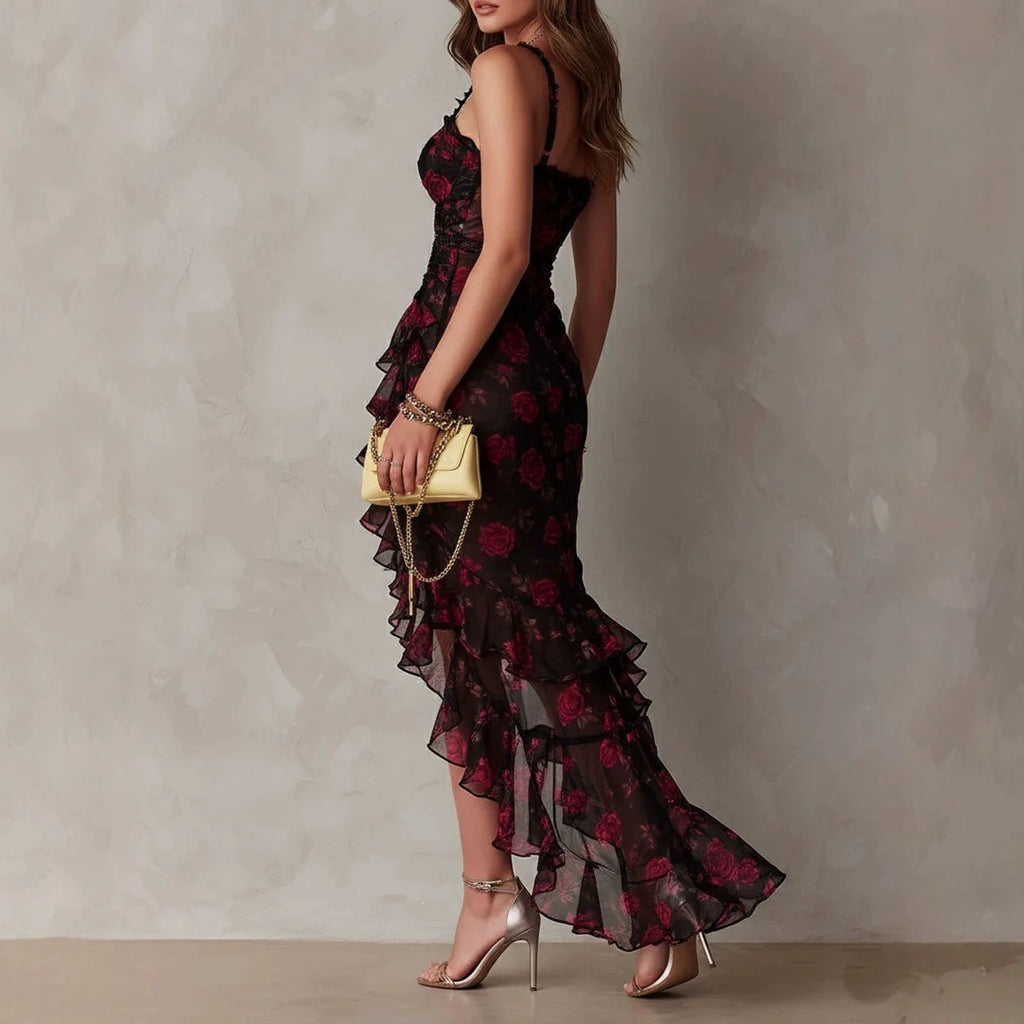 Robe Trapèze Asymétrique Imprimé Floral à Volants et Bretelles