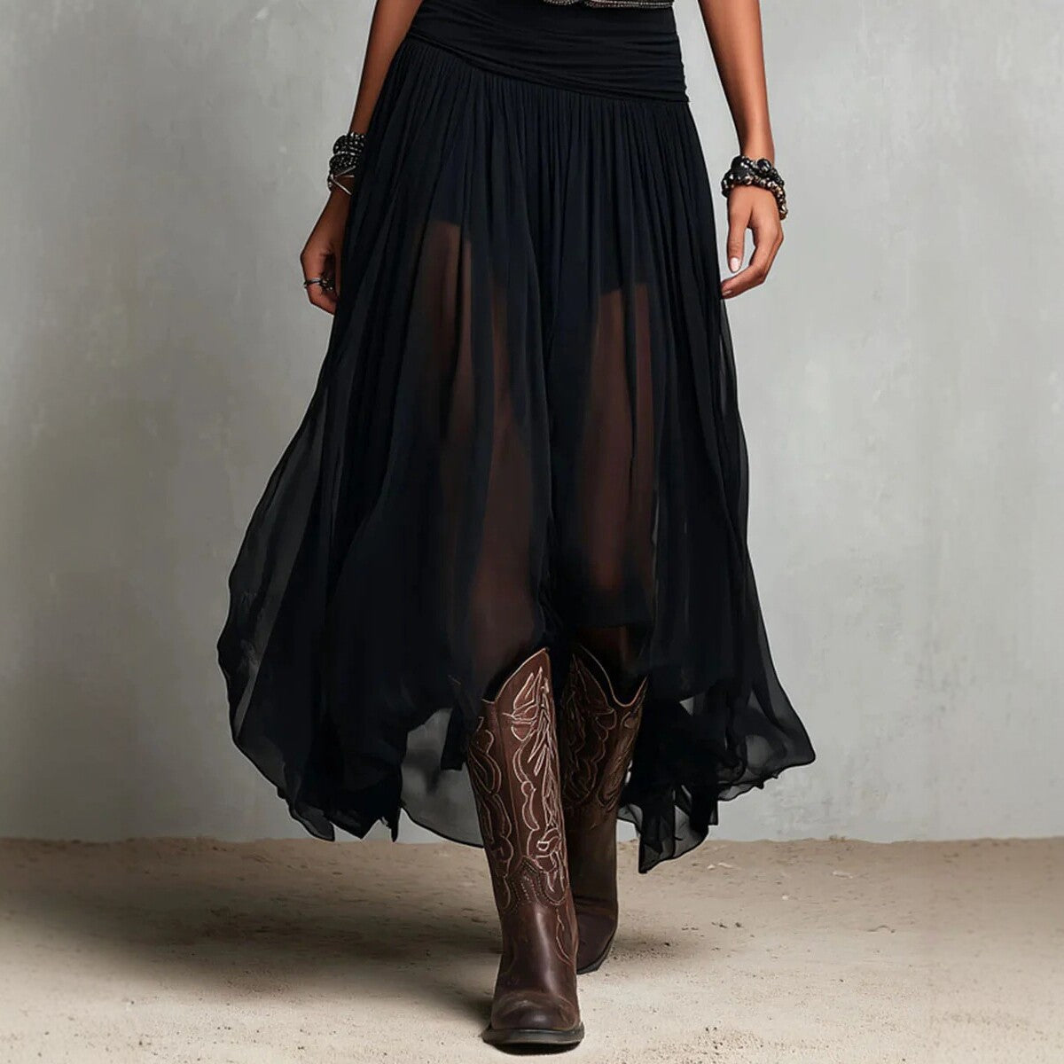 Summer New Black Strap Long Dress for Women, Mesh Dress with Belt