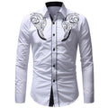 Nouvelle chemise brodée à motif totem classique pour homme, chemise décontractée ajustée à manches longues avec empiècements de couleur pour homme