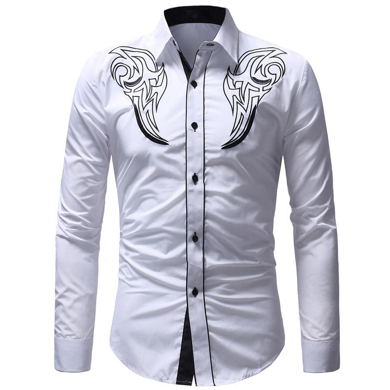 Nouvelle chemise brodée à motif totem classique pour homme, chemise décontractée ajustée à manches longues avec empiècements de couleur pour homme