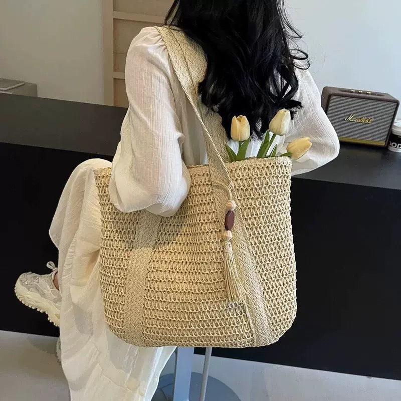 Grand sac de plage tressé en paille pour les trajets quotidiens, sac à bandoulière de style vacances
