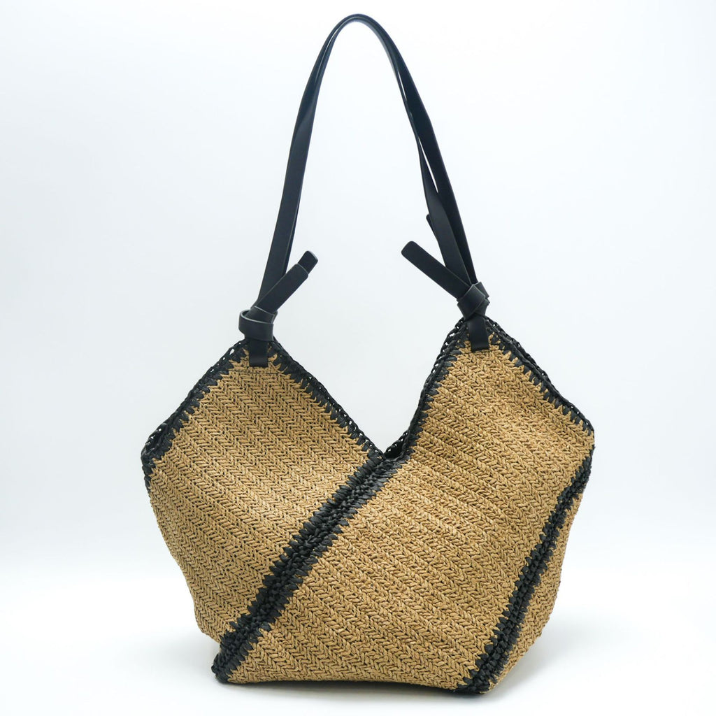 Sac de plage élégant en paille tressée à rayures, avec garniture noire, grande capacité