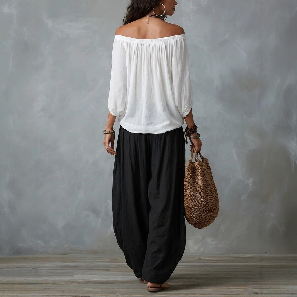 Ensemble T-shirt mode asymétrique et pantalon ample pour femme, tenue décontractée élégante deux pièces à manches longues