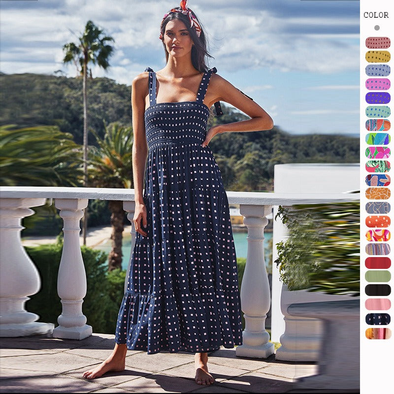 Robe salopette européenne et américaine, vêtements pour femmes, nouvelle robe décontractée printemps et été, jupe taille haute imprimée
