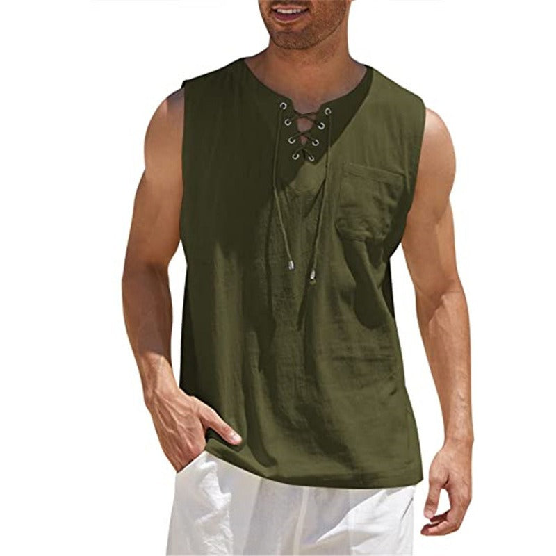 Nouveau débardeur pour homme, chemise en dentelle, mode unie en coton et chanvre, t-shirt à manches courtes