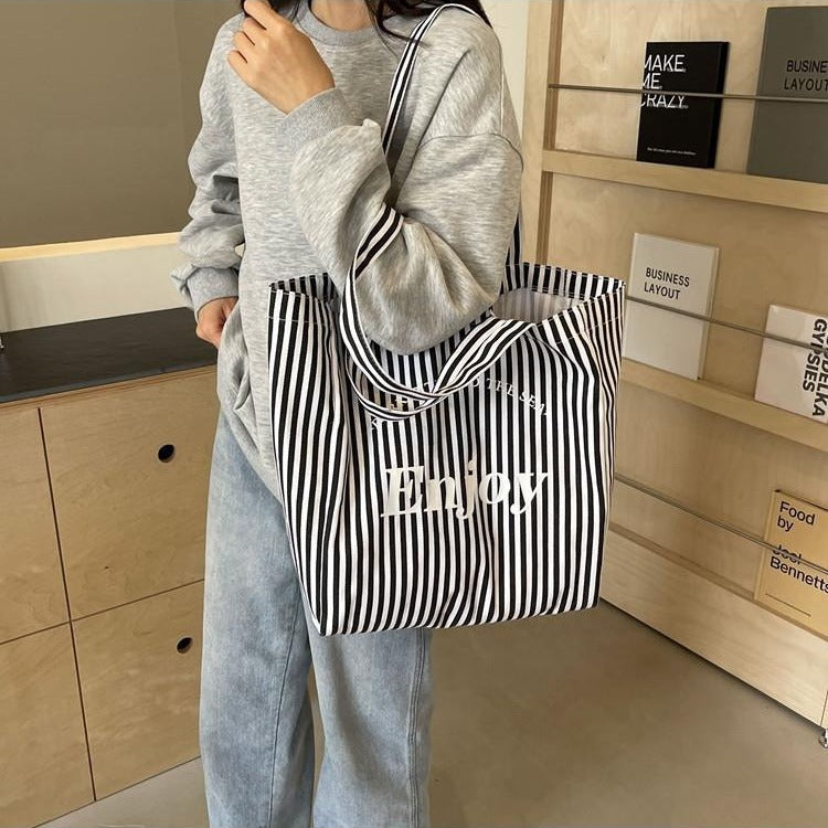 Sac fourre-tout en toile à rayures colorées pour femmes, grande capacité, sac à bandoulière décontracté, design simple