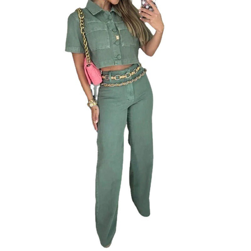 Ensemble de vêtements pour femmes européennes et américaines, ensemble de mode, haut sans manches à revers, pantalon ample, couleur unie