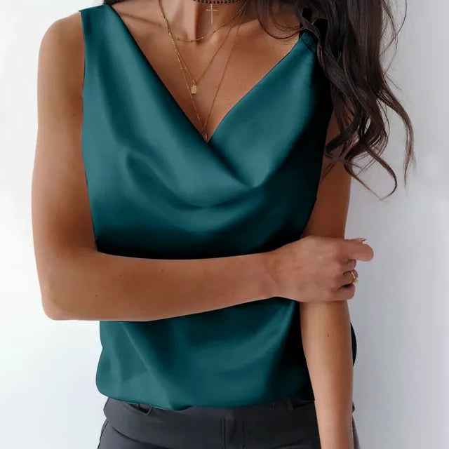 T-shirts pour femmes grandes tailles d'été débardeurs en satin de soie pour femmes, chemisiers décontractés sans manches à col bénitier, Roupas Femininas