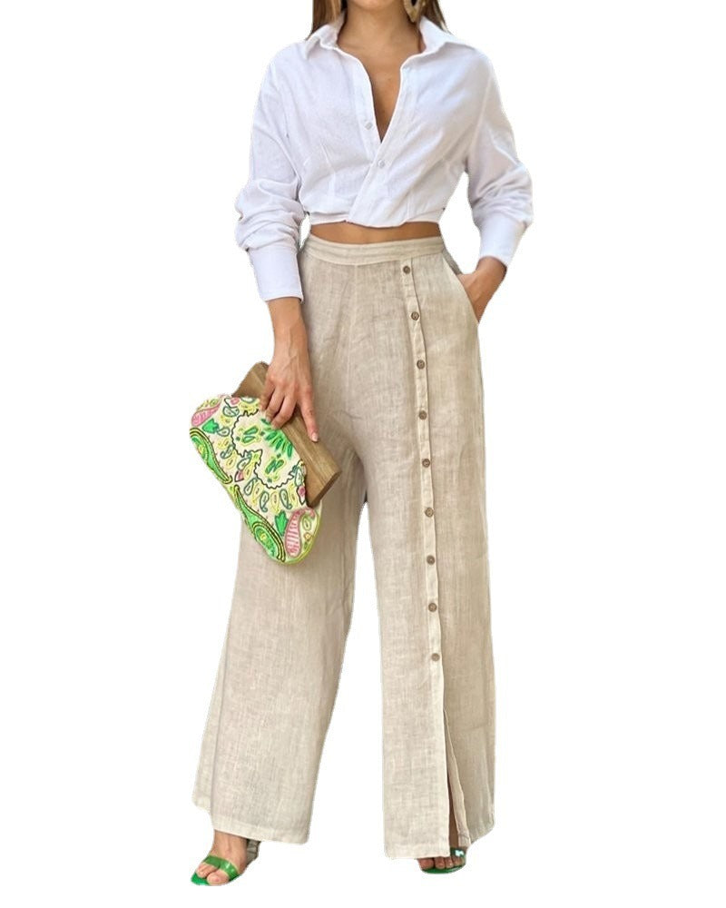 Ensemble deux pièces décontracté européen et américain pour femmes : chemise à revers de couleur unie et pantalon ample