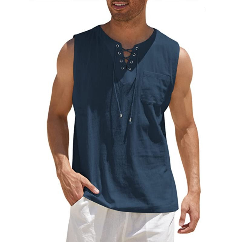 Nouveau débardeur pour homme, chemise en dentelle, mode unie en coton et chanvre, t-shirt à manches courtes