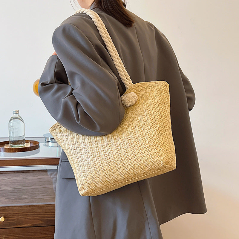 Sac cabas tressé en paille grande capacité pour femme, sac à bandoulière en osier