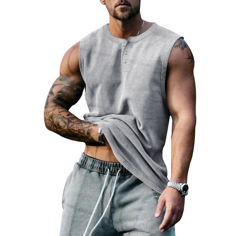 Débardeur de basket-ball de sport d'été pour homme, col rond, boutonné, sans manches, T-shirt pour homme, coupe droite