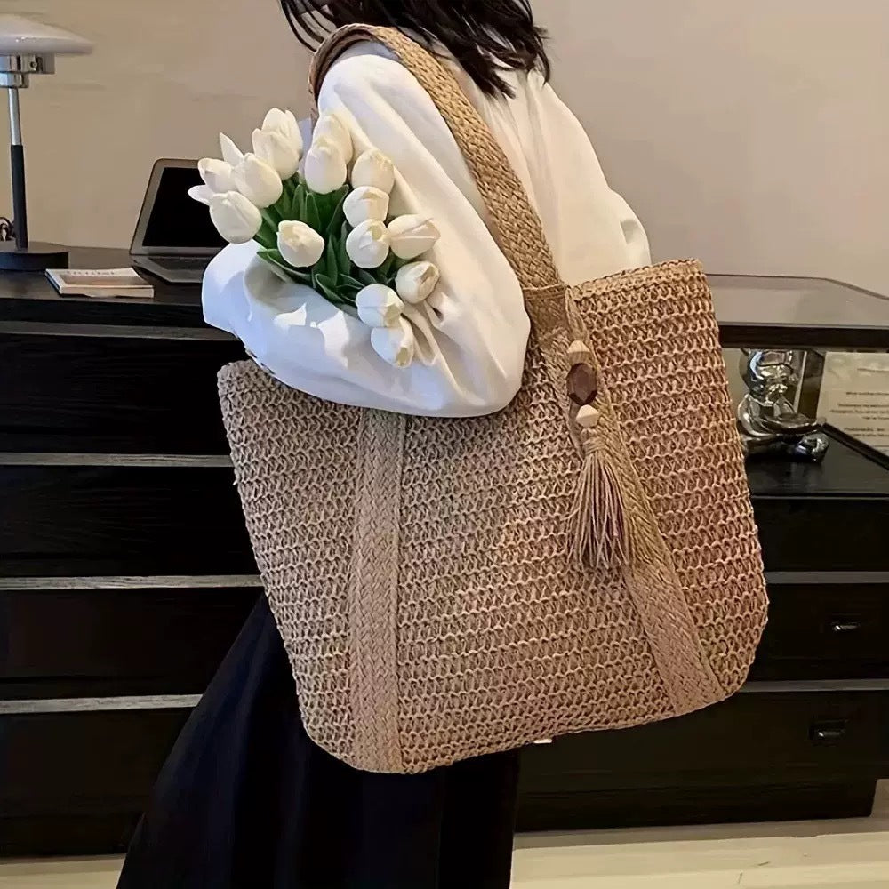 Grand sac de plage tressé en paille pour les trajets quotidiens, sac à bandoulière de style vacances