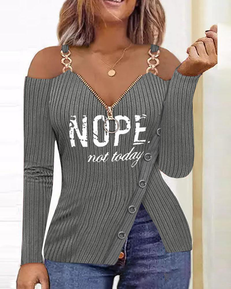 T-shirt zippé à col en V pour femmes avec motif d'ancre de bateau et chaîne en métal, style européen et américain