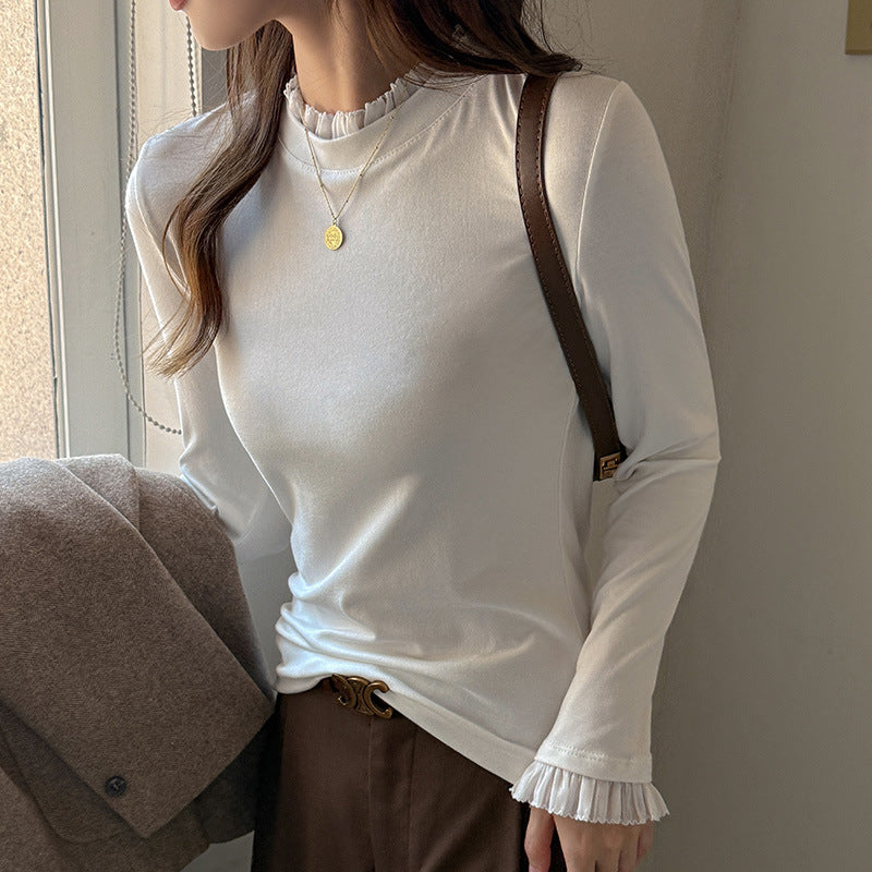 Modest Stand Collar Inner Layer Top for Women, Autumn/WinterPure and Sexy Look, Lace Trim, White, Long Sleeve Shirt