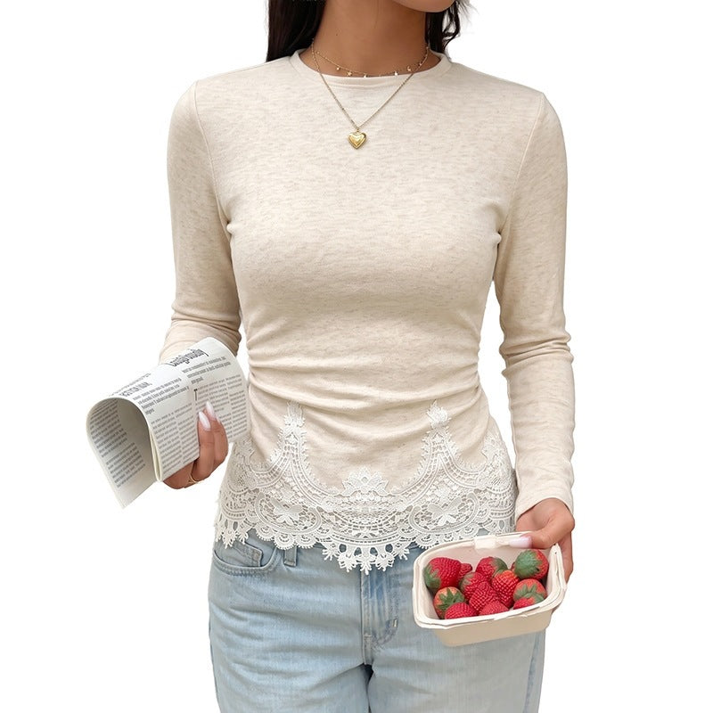 Solid color round neck long sleeved slim fit T-shirt for women