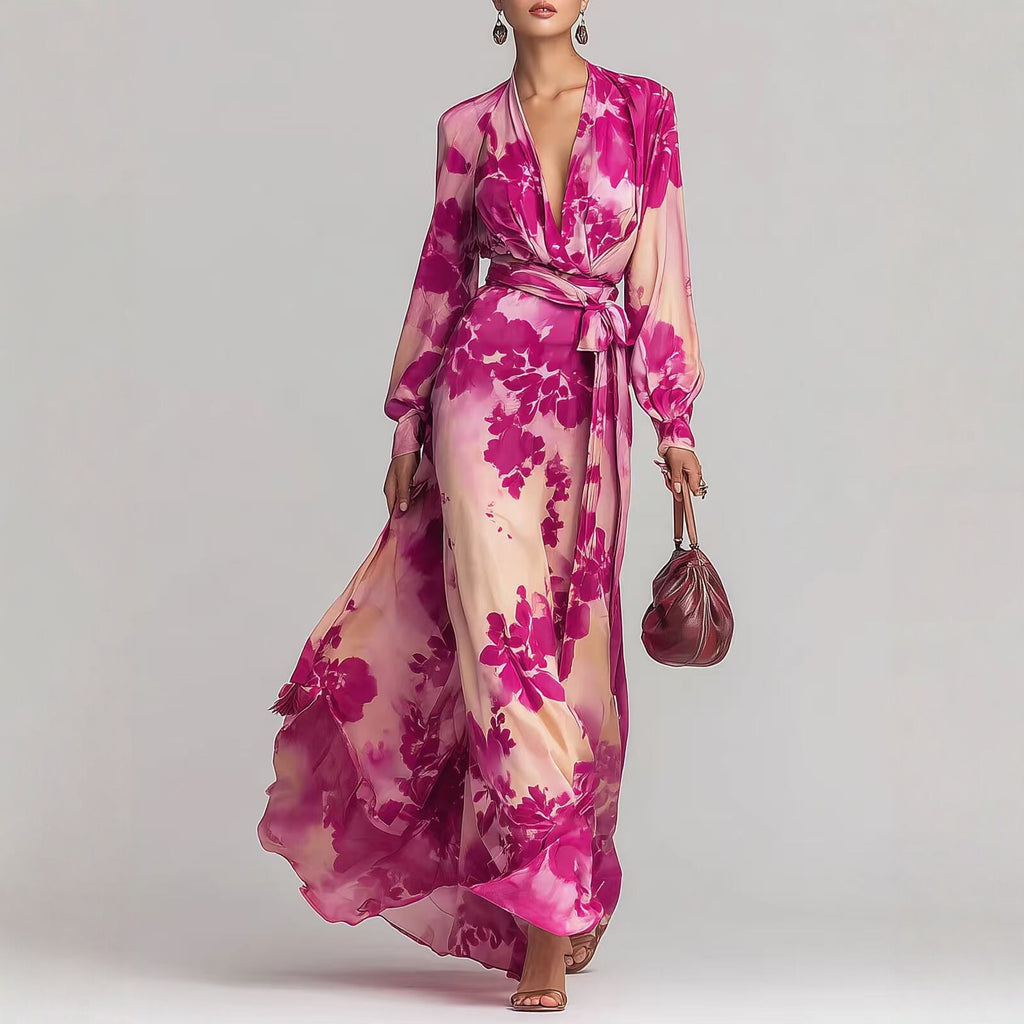 Robe longue en mousseline imprimée à manches longues et col en V avec liens, élégante et chic, nouvelle collection printemps