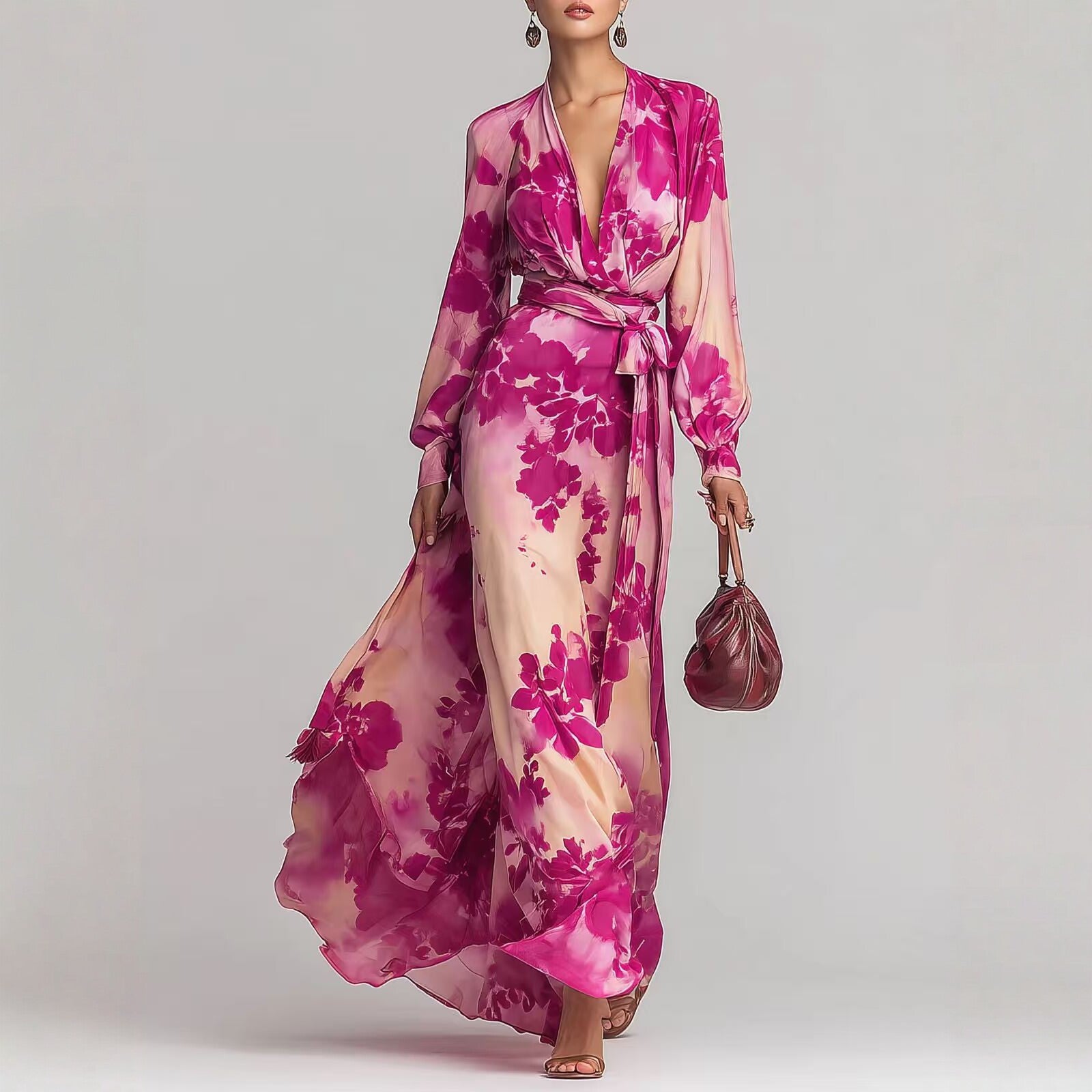 Robe longue en mousseline imprimée à manches longues et col en V avec liens, élégante et chic, nouvelle collection printemps