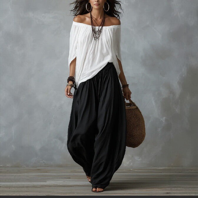 Ensemble T-shirt mode asymétrique et pantalon ample pour femme, tenue décontractée élégante deux pièces à manches longues