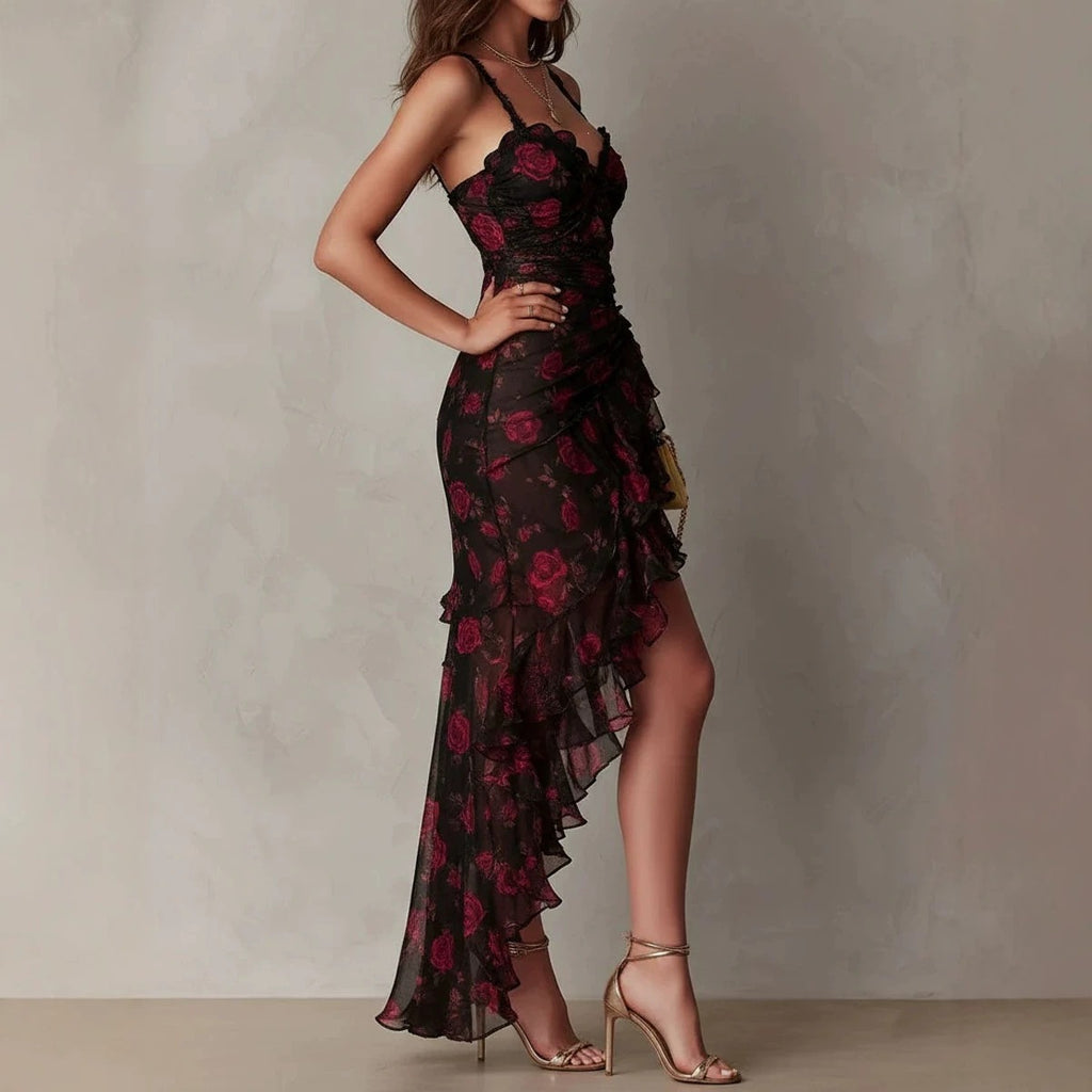 Robe Trapèze Asymétrique Imprimé Floral à Volants et Bretelles